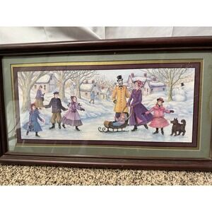 Framed Winter Ice Skating Family Scene Art Print by Joan Stier Vintage